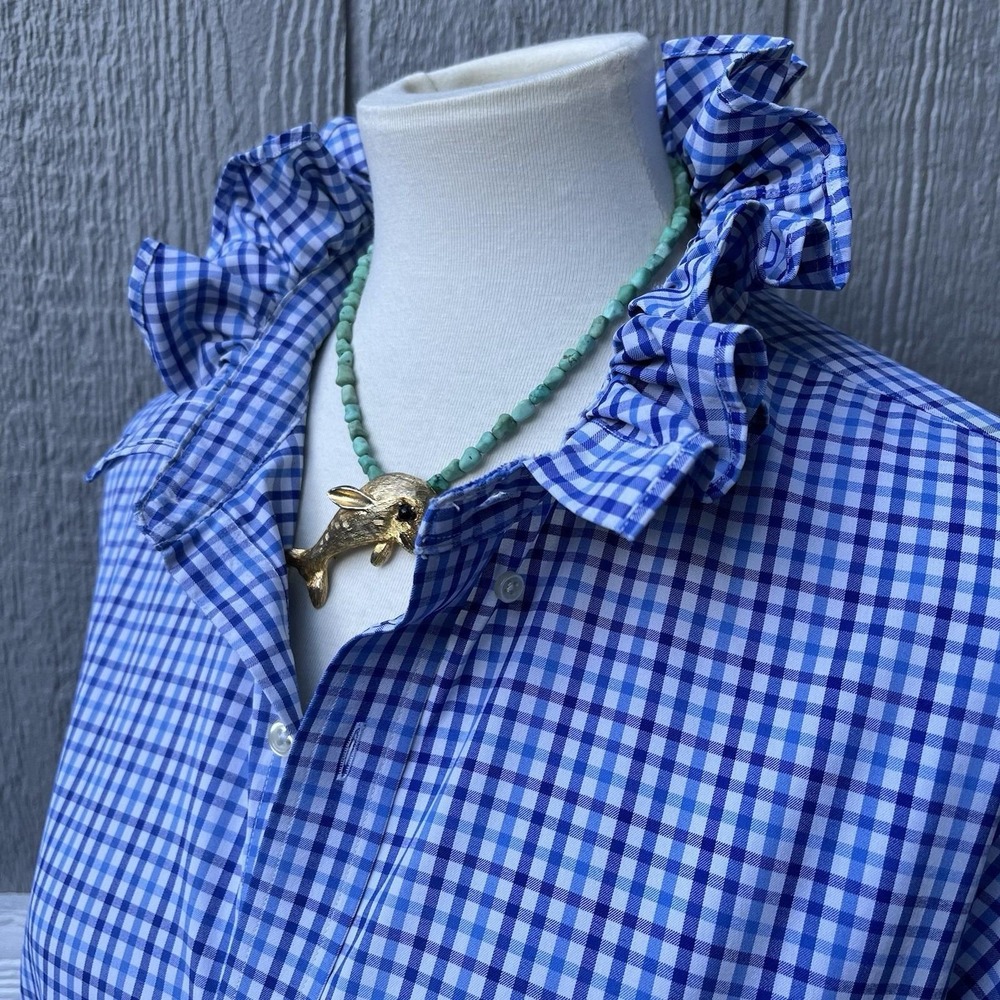 Upcycled Re-worked Ralph Lauren Performance Blue Check Ruffle Collar Shirt XXL - Picture 3 of 9